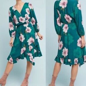 Anthropologie green and pink floral midi dress